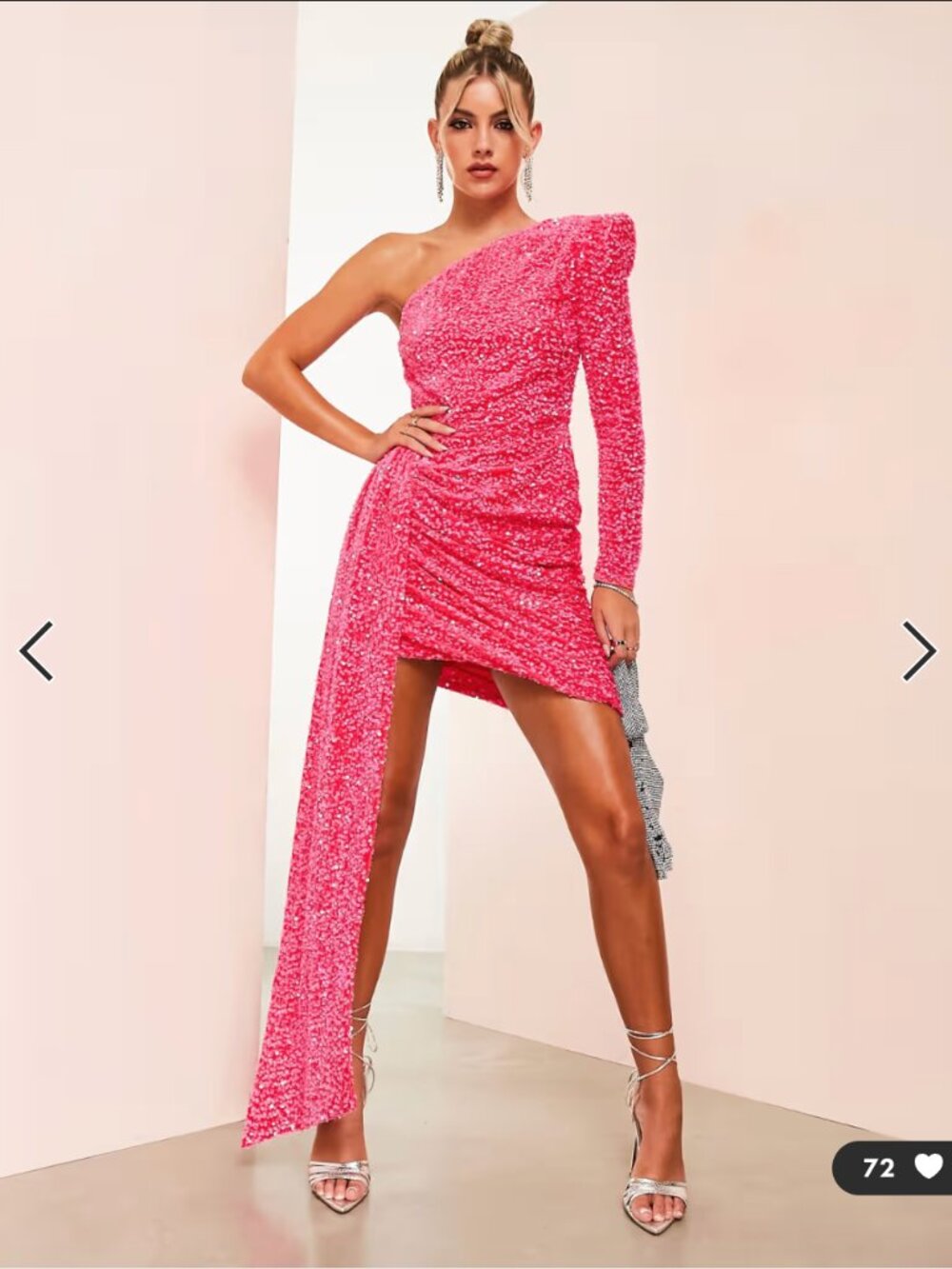 ASOS LUXE one shoulder asymmetric draped mini dress in pink sequin